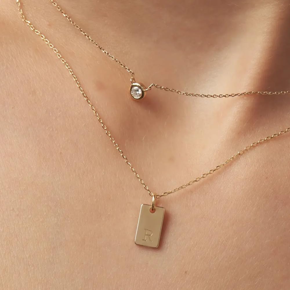 OAK & LUNA - Personalized Willow Tag Initial Necklace with Diamond Option - Dainty Gift for Her, Woman - Custom Jewelry for Christmas, Mother's Day